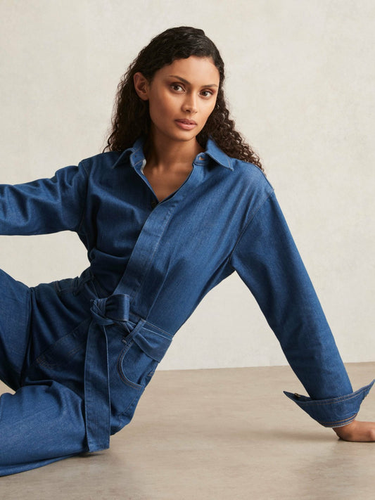 Paige Maraya Blue Wide Leg Belted Denim Jumpsuit in Maraya Blue Women | Reiss