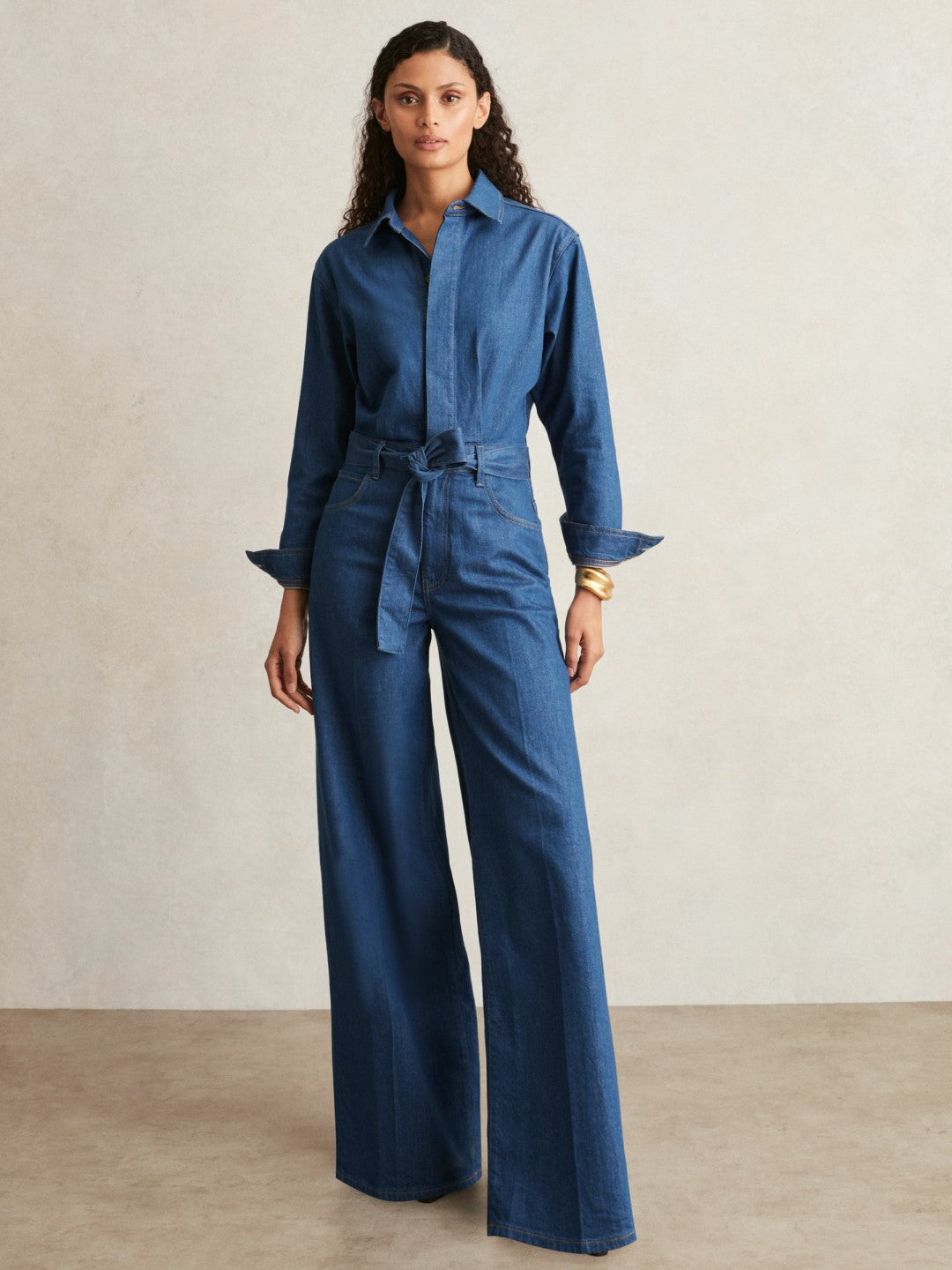 Paige Maraya Blue Wide Leg Belted Denim Jumpsuit in Maraya Blue Women | Reiss