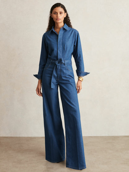 Paige Maraya Blue Wide Leg Belted Denim Jumpsuit in Maraya Blue Women | Reiss