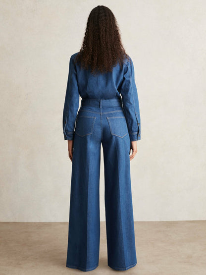 Paige Maraya Blue Wide Leg Belted Denim Jumpsuit in Maraya Blue Women | Reiss