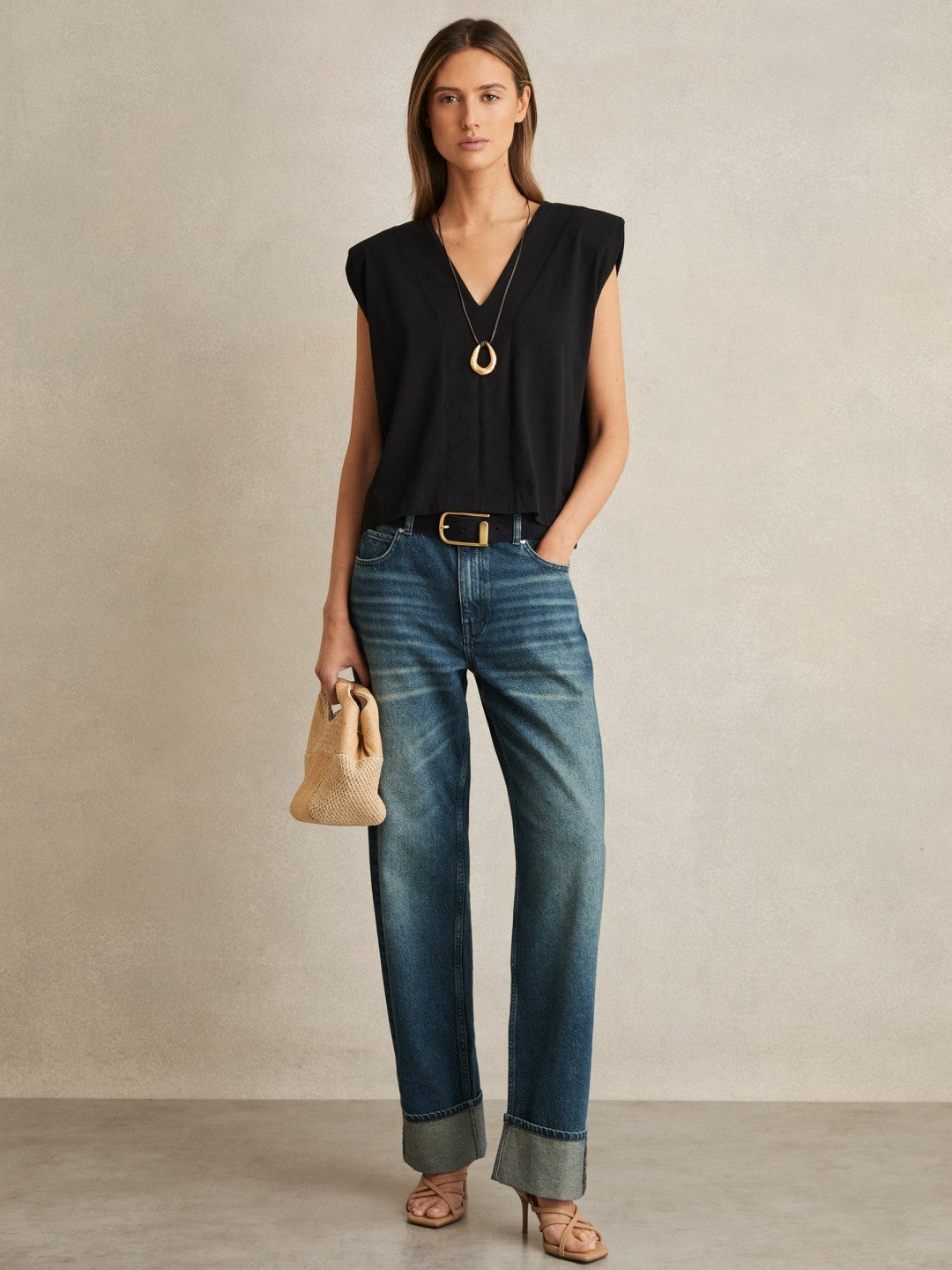 Cotton Shoulder-Pad V-Neck Top in Black Women | Reiss