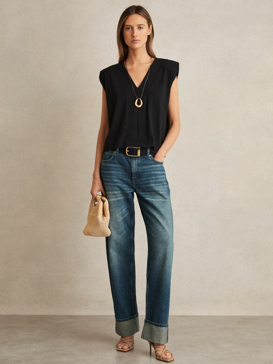 Cotton Shoulder-Pad V-Neck Top in Black Women | Reiss