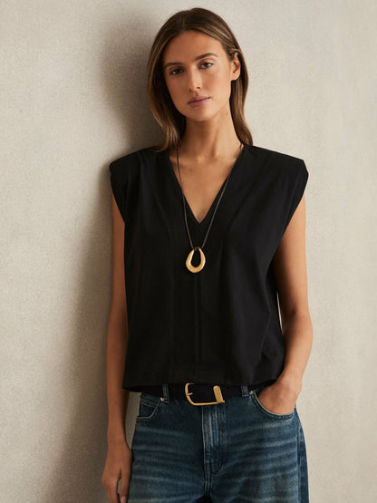 Cotton Shoulder-Pad V-Neck Top in Black Women | Reiss