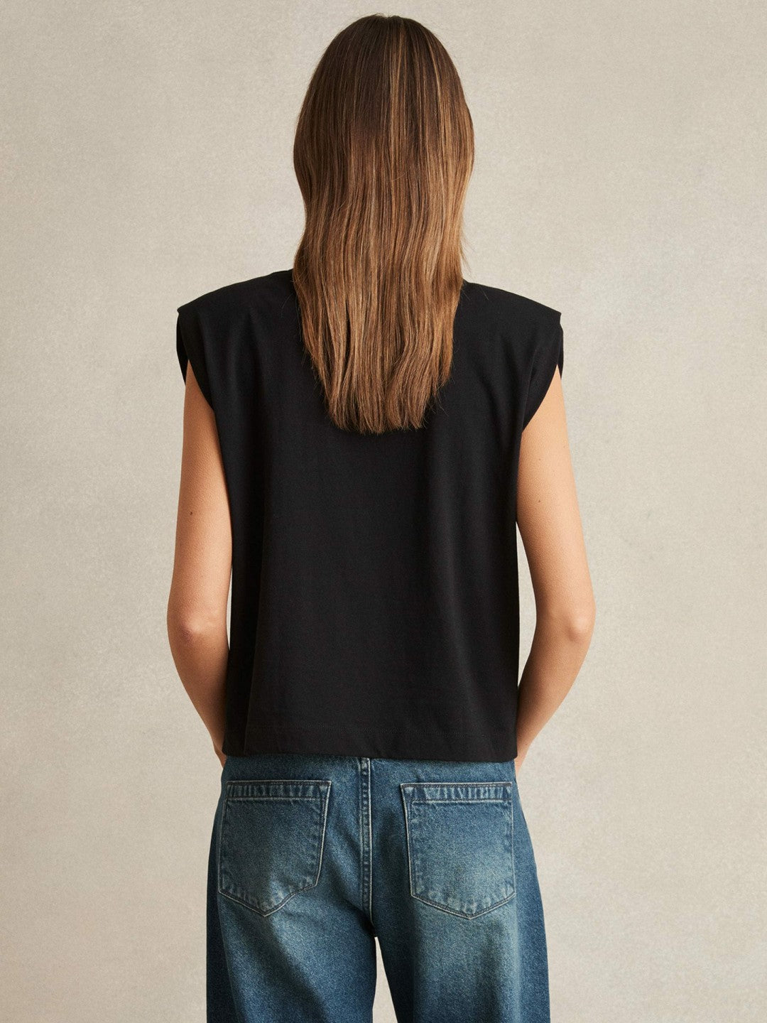 Cotton Shoulder-Pad V-Neck Top in Black Women | Reiss