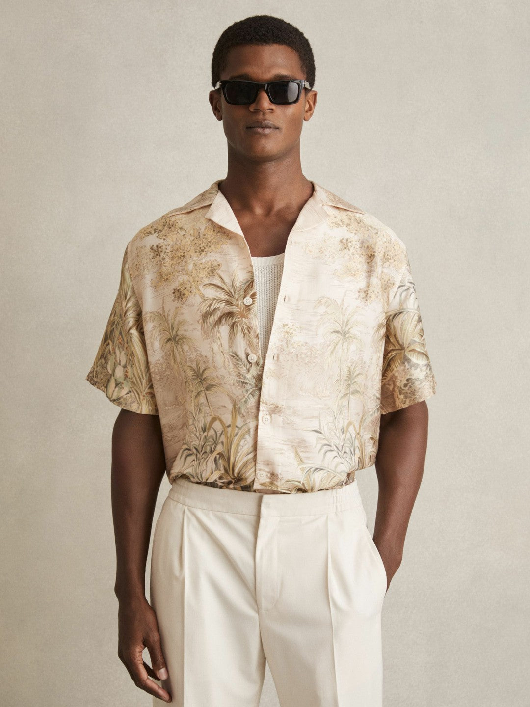 Jungle Print Cuban-Collar Shirt in Soft Sage Green Men | Reiss