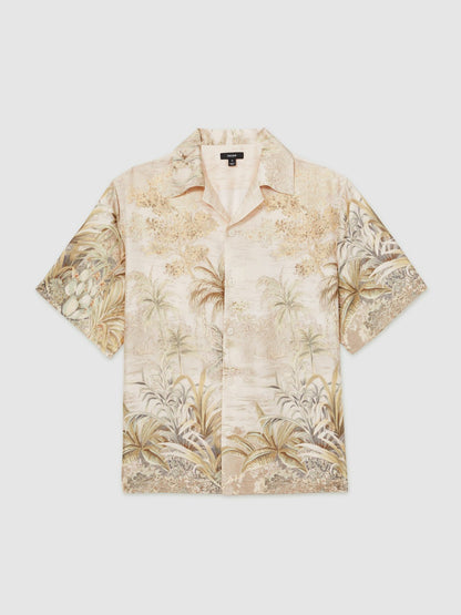 Jungle Print Cuban-Collar Shirt in Soft Sage Green Men | Reiss