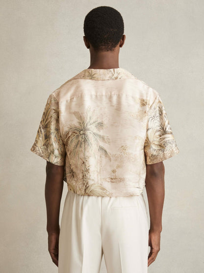 Jungle Print Cuban-Collar Shirt in Soft Sage Green Men | Reiss