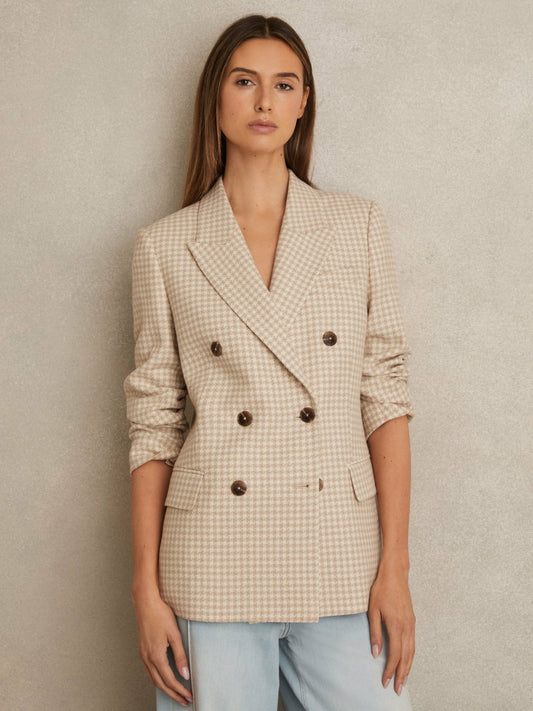Petite Double Breasted Check Blazer With Wool in Neutral Check Women | Reiss