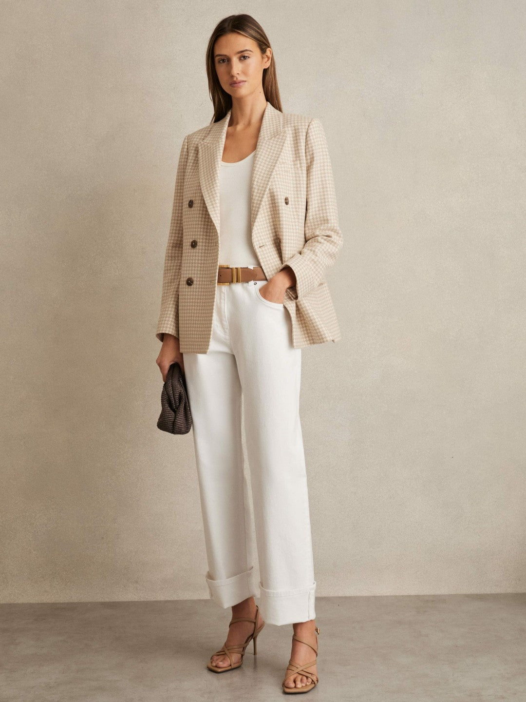 Petite Double Breasted Check Blazer With Wool in Neutral Check Women | Reiss
