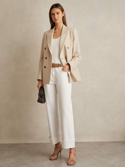 Petite Double Breasted Check Blazer With Wool in Neutral Check Women | Reiss