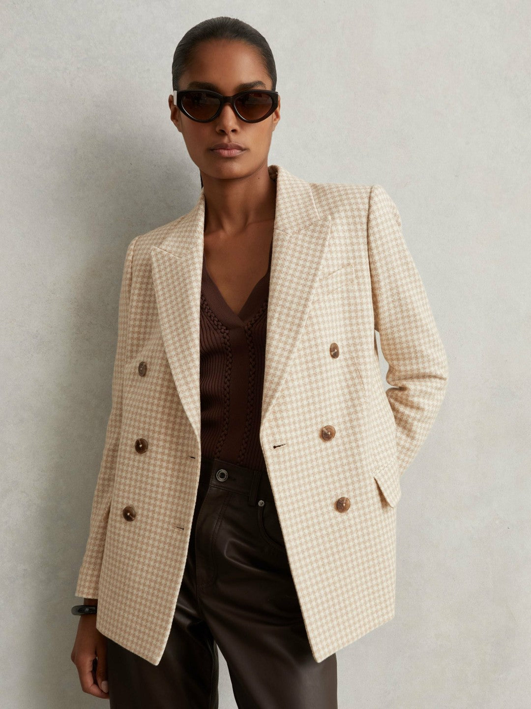 Double Breasted Check Blazer With Wool in Neutral Check Women | Reiss