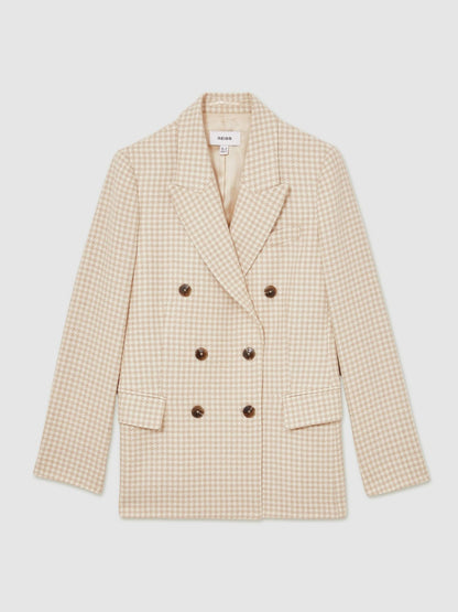 Double Breasted Check Blazer With Wool in Neutral Check Women | Reiss