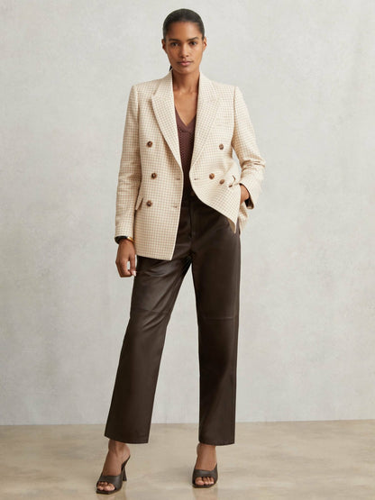 Double Breasted Check Blazer With Wool in Neutral Check Women | Reiss