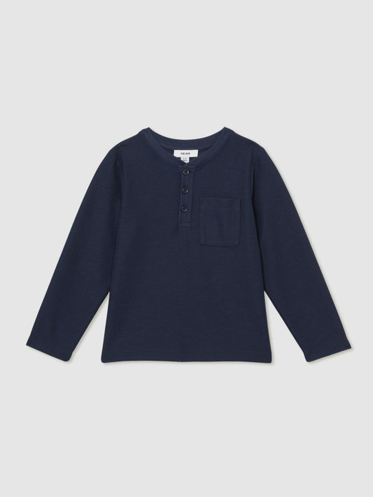 13-14 yrs Cotton-Blend Waffle Henley T-Shirt in Navy Children & Baby | Reiss