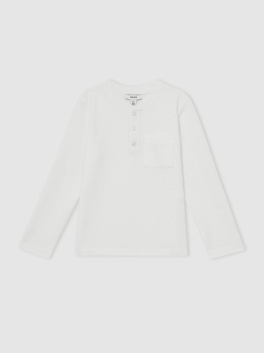 13-14 yrs Cotton-Blend Waffle Henley T-Shirt in White Children & Baby | Reiss
