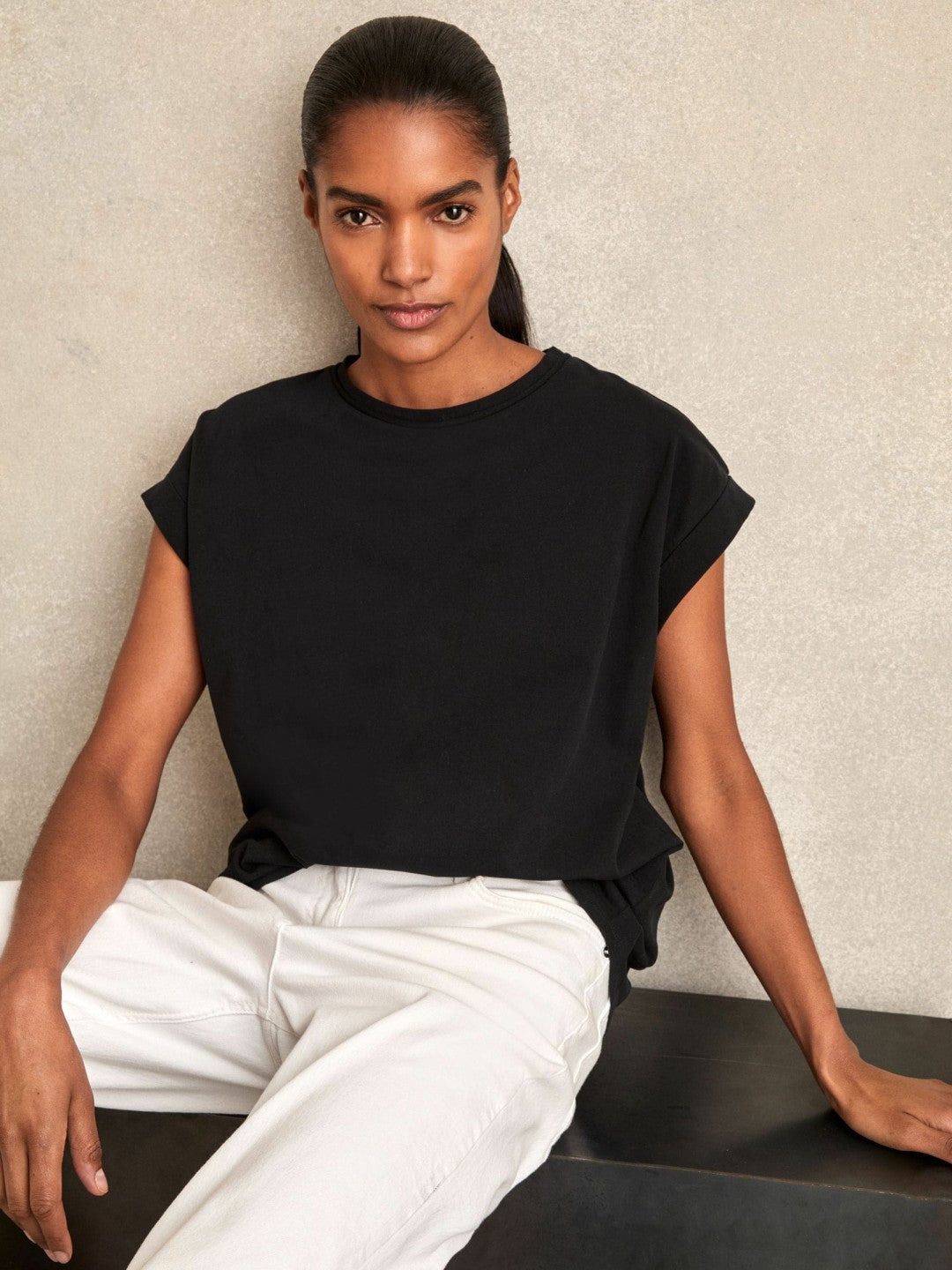 Brushed-Cotton Crew-Neck T-Shirt in Black Women | Reiss