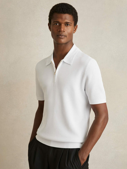 Textured Half-Zip Polo Shirt in White Men | Reiss