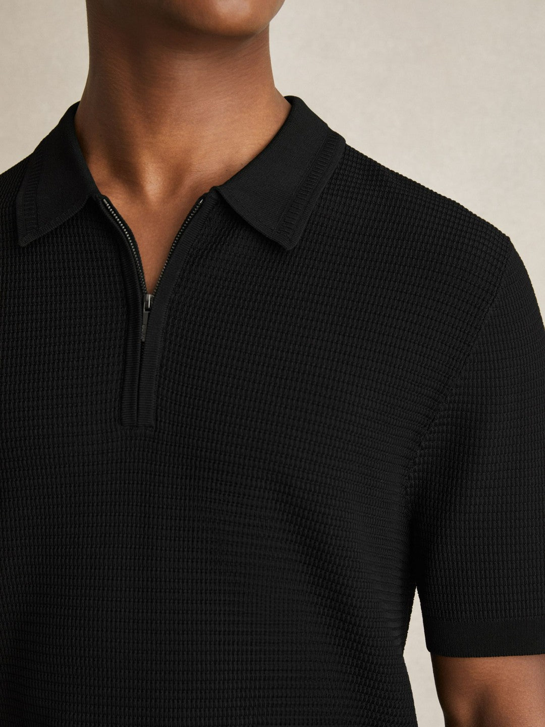 Textured Half-Zip Polo Shirt in Black Men | Reiss