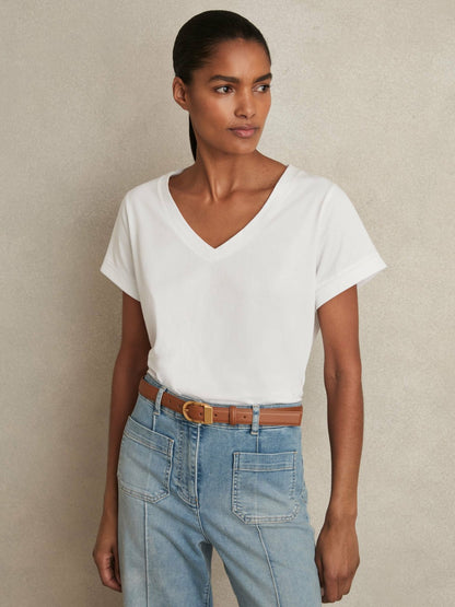 Brushed-Cotton V-Neck T-Shirt in White Women | Reiss