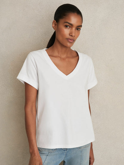 Brushed-Cotton V-Neck T-Shirt in White Women | Reiss