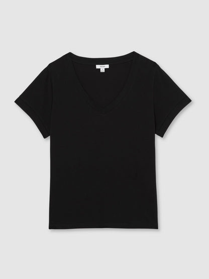 Brushed-Cotton V-Neck T-Shirt in Black Women | Reiss