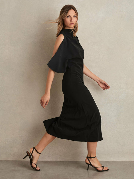 Draped-Front High-Neck Midi Dress in Black Women | Reiss