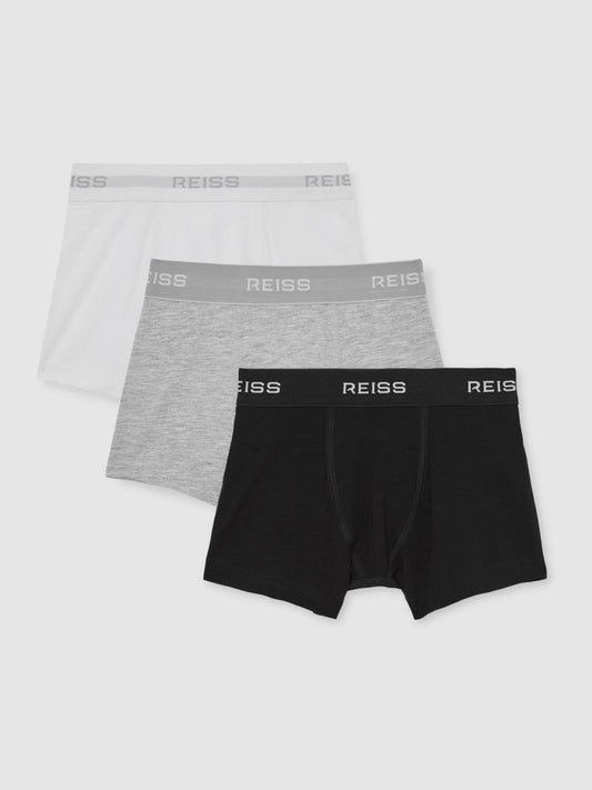 9-13 yrs Stretch-Cotton Logo-Waistband Boxer Shorts 3 Pack in White/Grey/Black Children & Baby | Reiss