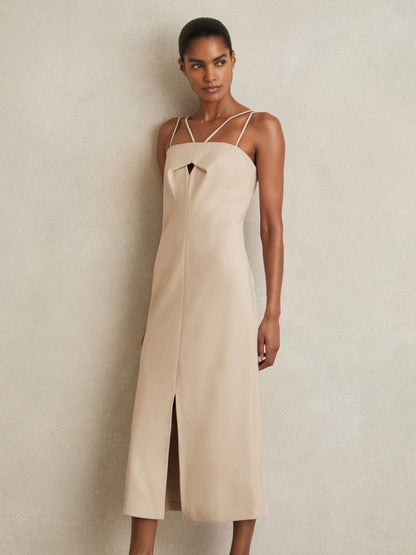 Double Strap Cut Out Midi Dress in Stone Neutral Women | Reiss