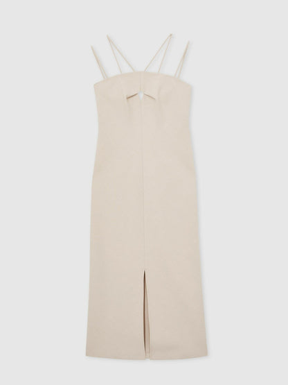 Double Strap Cut Out Midi Dress in Stone Neutral Women | Reiss