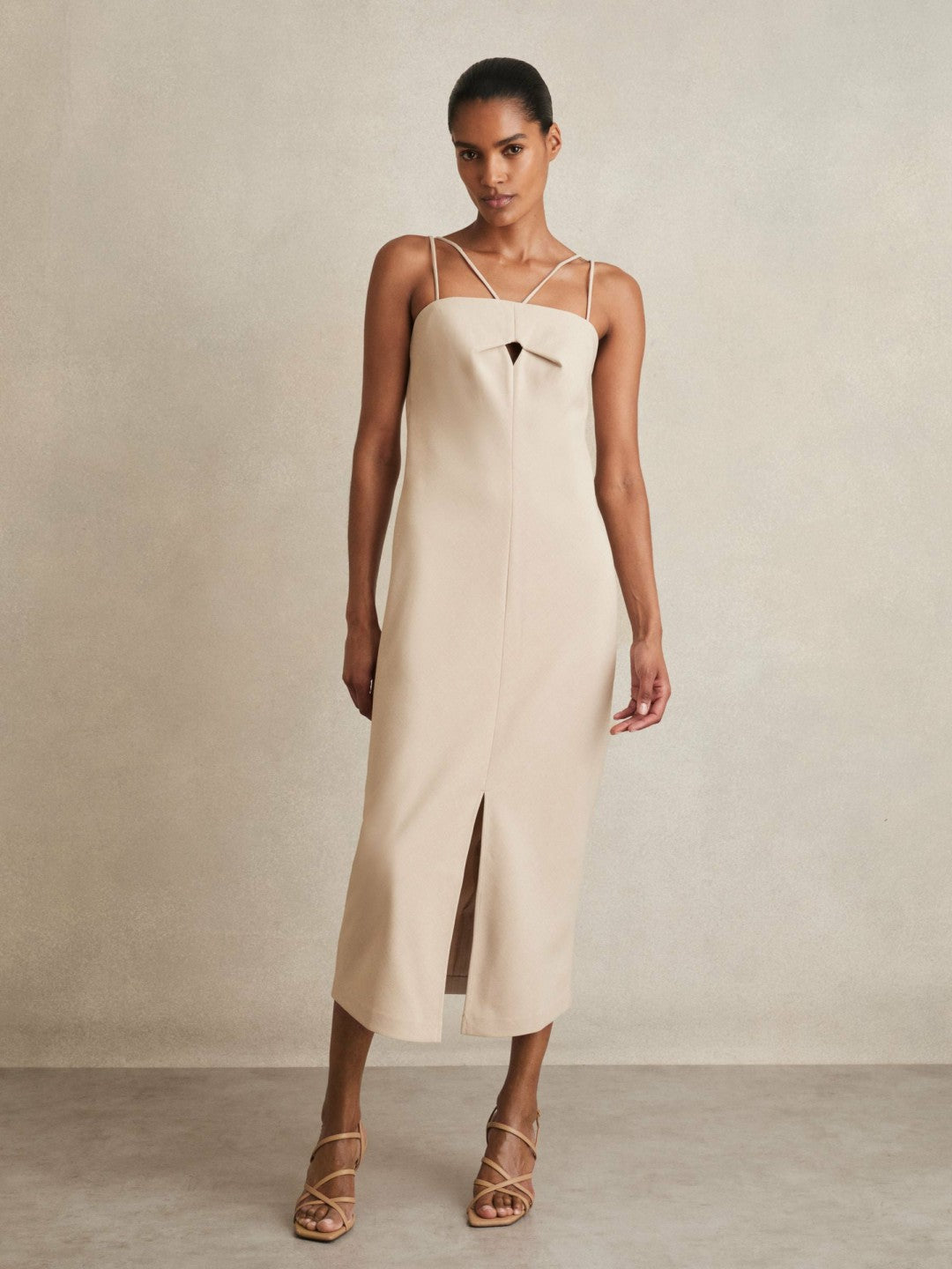 Double Strap Cut Out Midi Dress in Stone Neutral Women | Reiss
