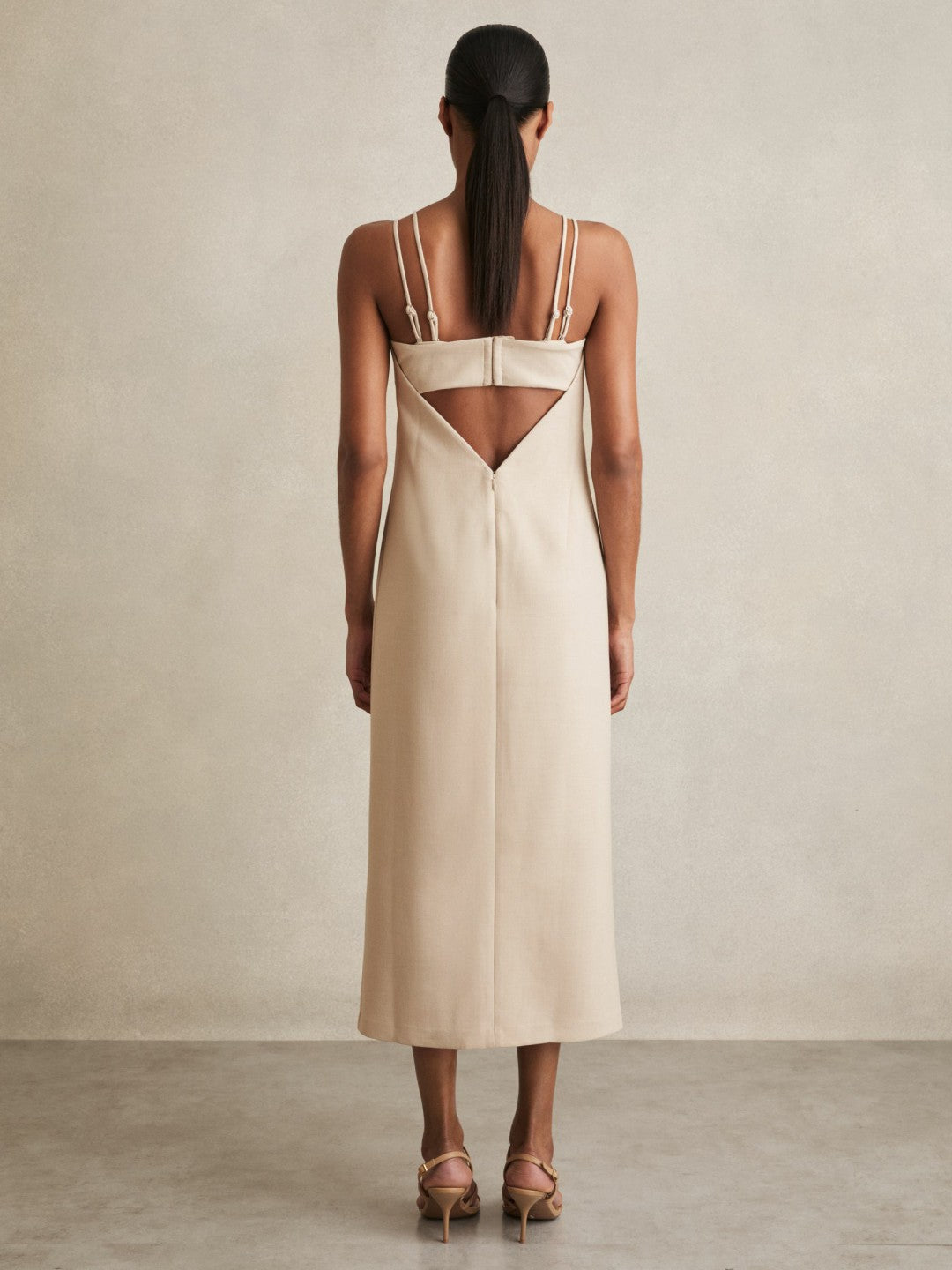Double Strap Cut Out Midi Dress in Stone Neutral Women | Reiss