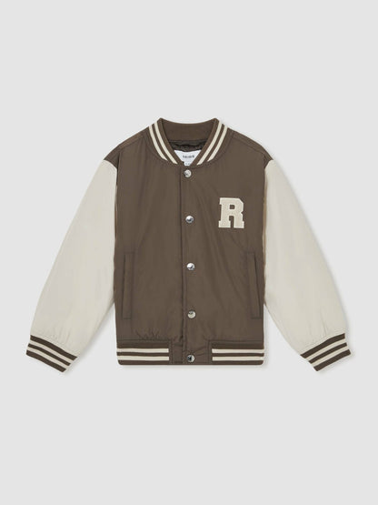 3-9 yrs Colour-Block Varsity Bomber Jacket in Mink Brown/Off White Children & Baby | Reiss