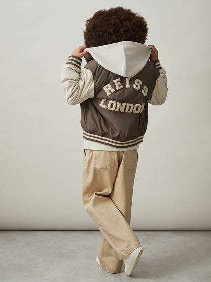 9-13 yrs Colour-Block Varsity Bomber Jacket in Mink Brown/Off White Children & Baby | Reiss