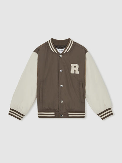 9-13 yrs Colour-Block Varsity Bomber Jacket in Mink Brown/Off White Children & Baby | Reiss