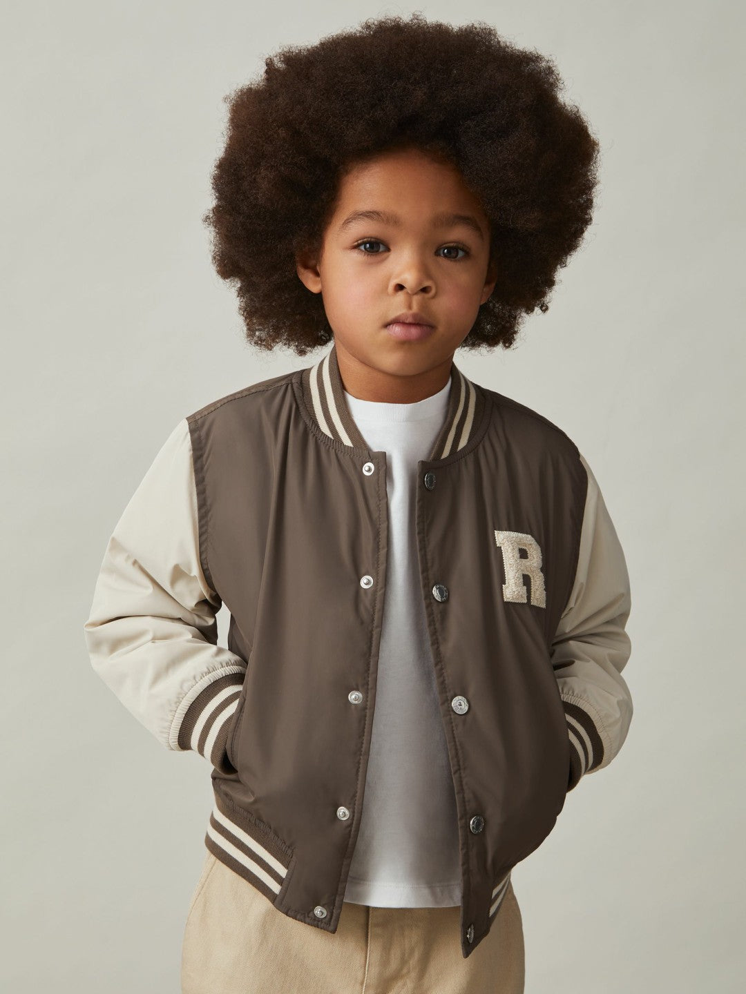 13-14 yrs Colour-Block Varsity Bomber Jacket in Mink Brown/Off White Children & Baby | Reiss