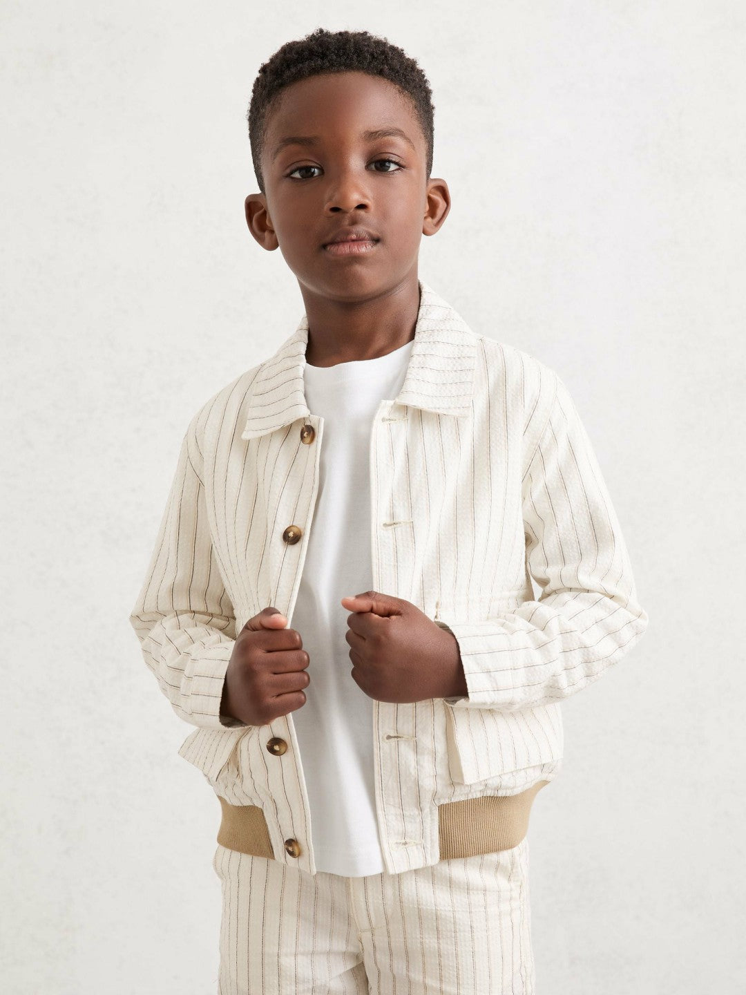 3-9 yrs Cotton Pinstripe Harrington Jacket in Off White/Taupe Brown Children & Baby | Reiss