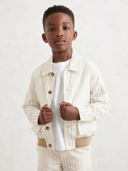 3-9 yrs Cotton Pinstripe Harrington Jacket in Off White/Taupe Brown Children & Baby | Reiss