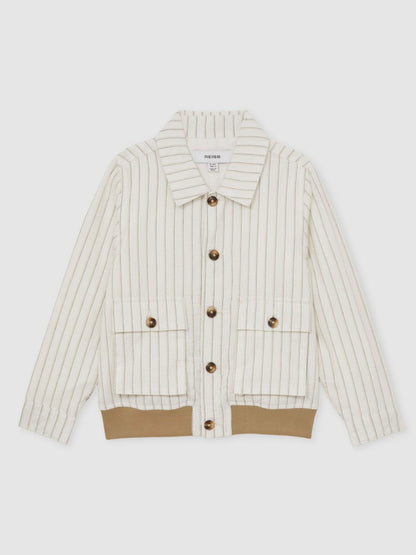 3-9 yrs Cotton Pinstripe Harrington Jacket in Off White/Taupe Brown Children & Baby | Reiss