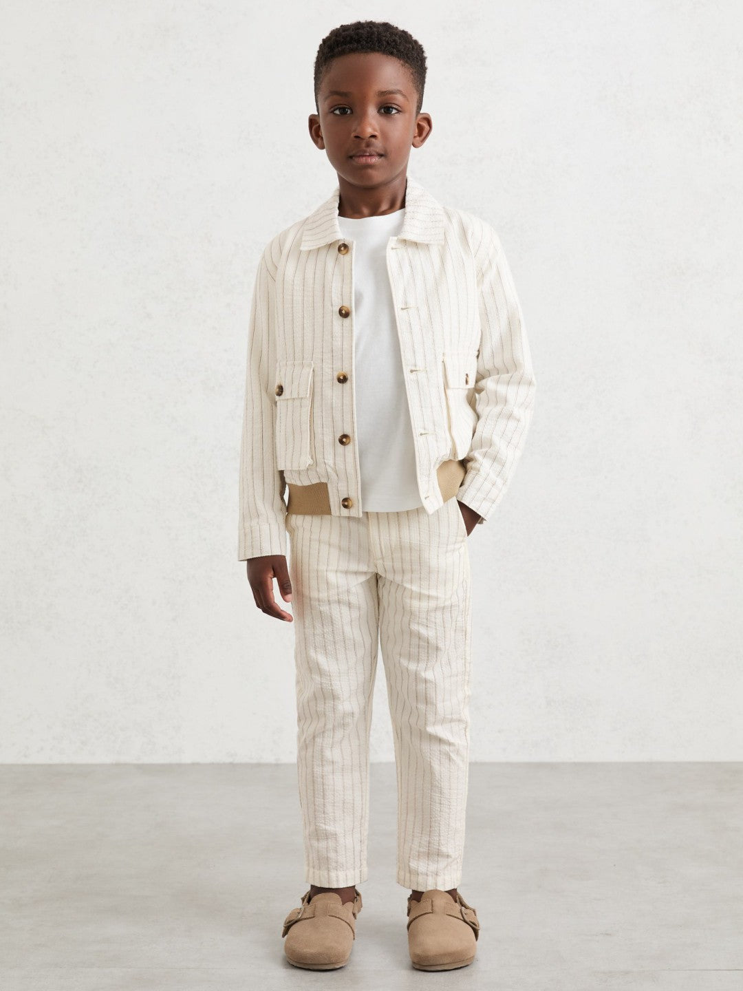 3-9 yrs Cotton Pinstripe Harrington Jacket in Off White/Taupe Brown Children & Baby | Reiss