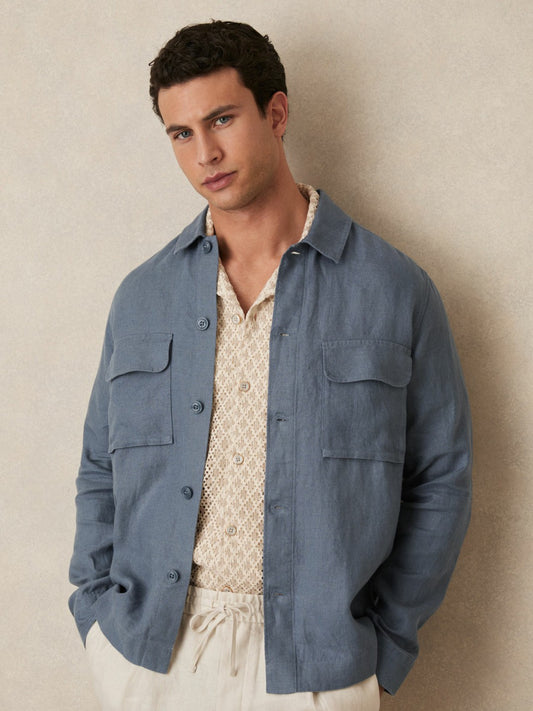Linen Twin-Pocket Overshirt in Airforce Blue Men | Reiss