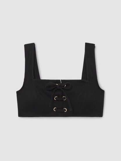 Ribbed Lace-Up Bikini Top in Black Women | Reiss