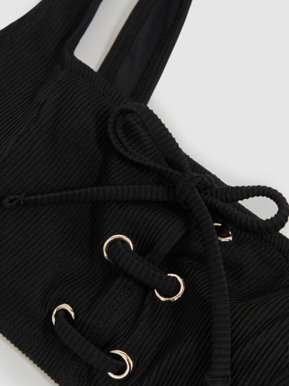 Ribbed Lace-Up Bikini Top in Black Women | Reiss