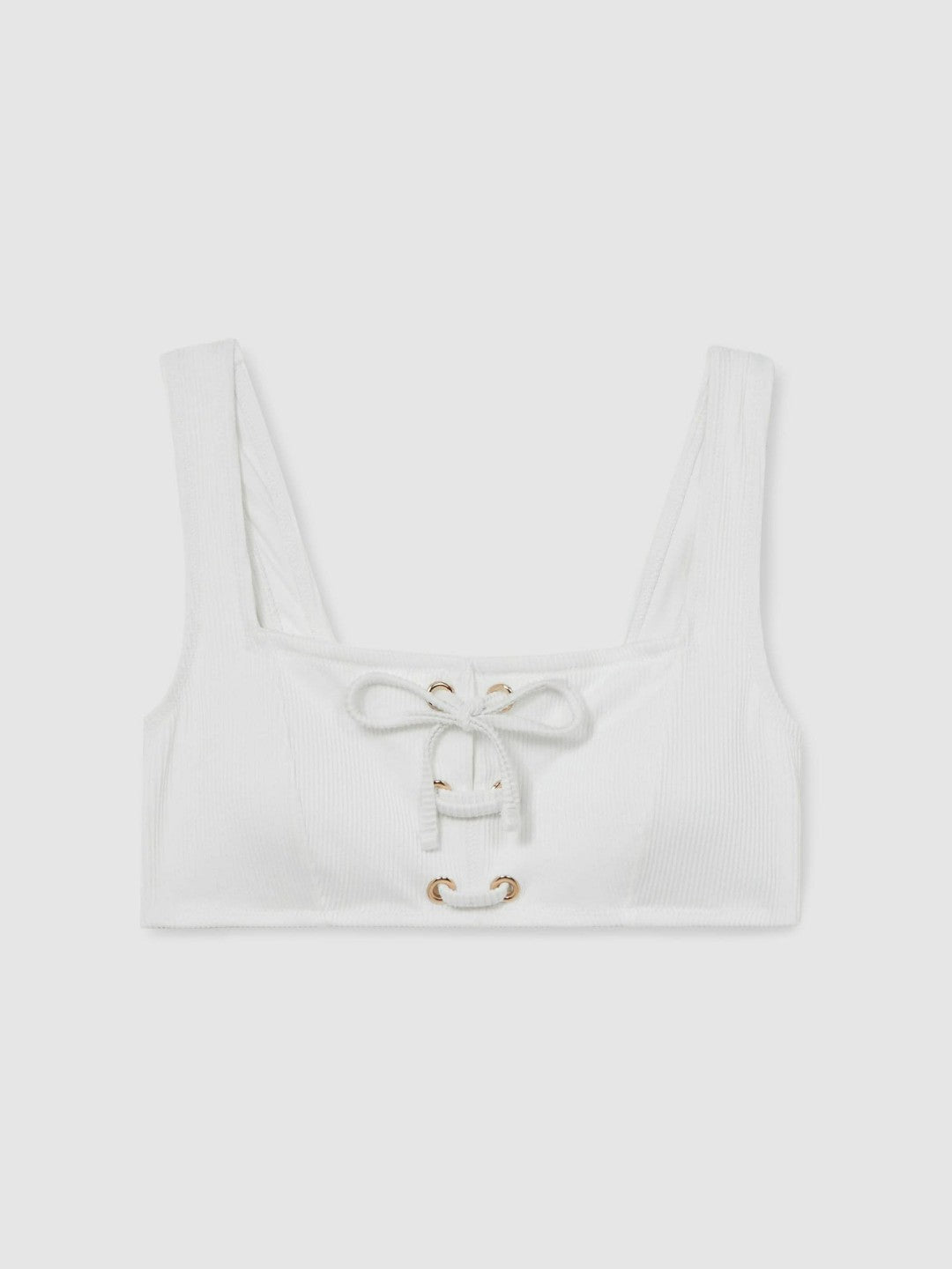 Ribbed Lace-Up Bikini Top in White Women | Reiss