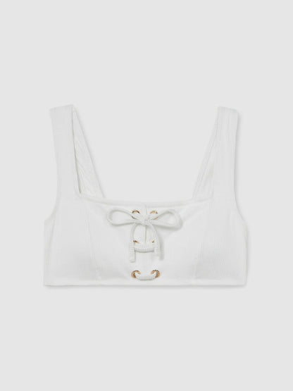 Ribbed Lace-Up Bikini Top in White Women | Reiss