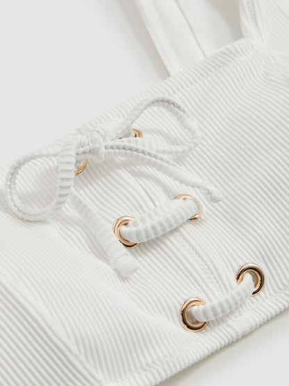 Ribbed Lace-Up Bikini Top in White Women | Reiss