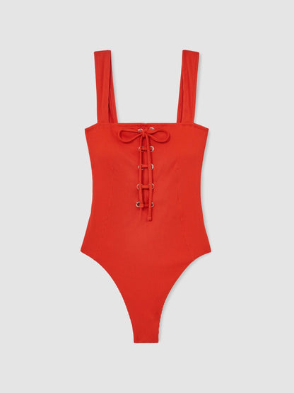 Ribbed Lace-Up Swimsuit in Orange Women | Reiss