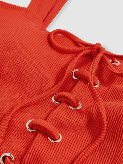 Ribbed Lace-Up Swimsuit in Orange Women | Reiss