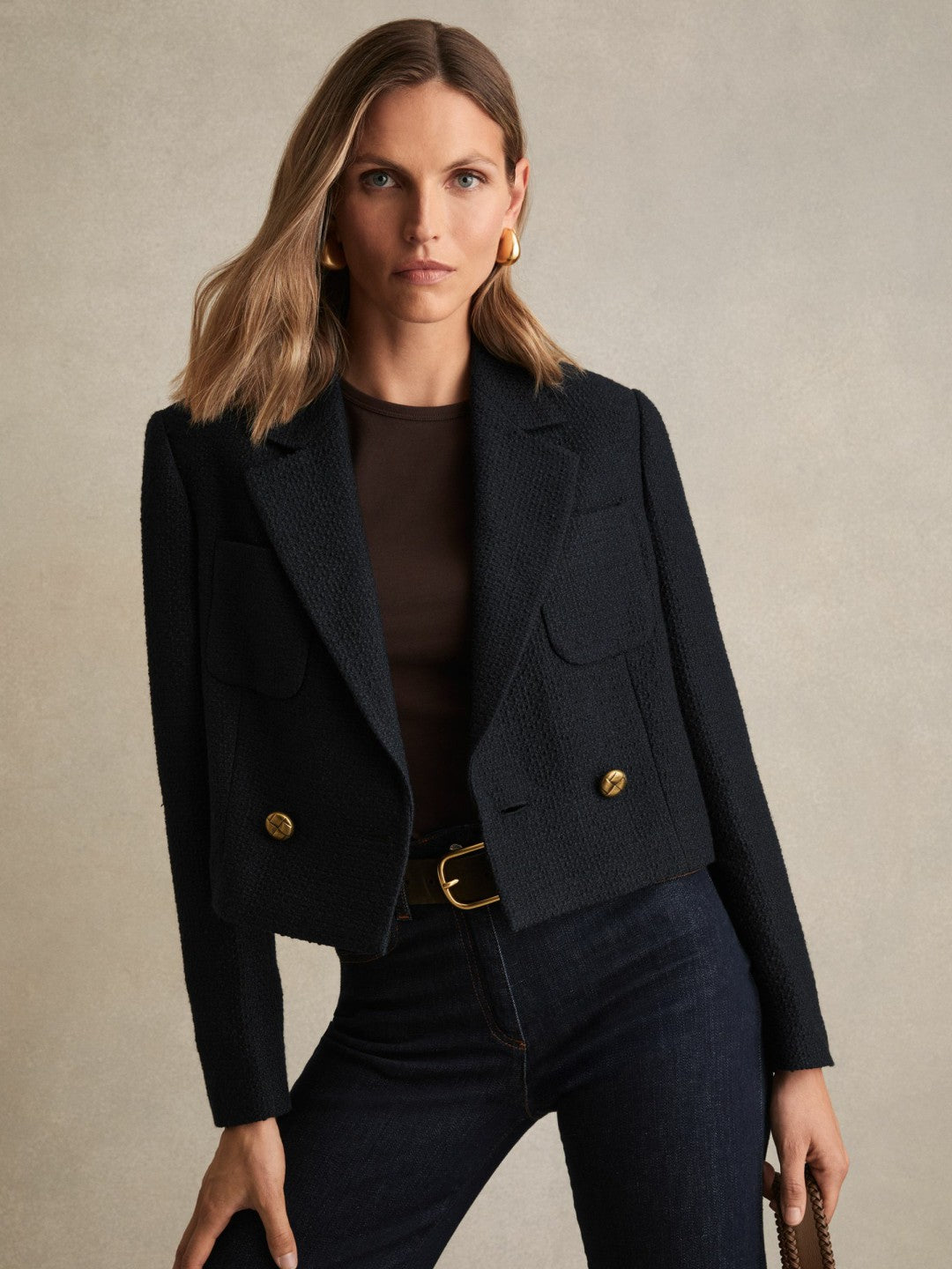 Double-Breasted Textured Cropped Blazer with Wool and Cotton in Navy Women | Reiss