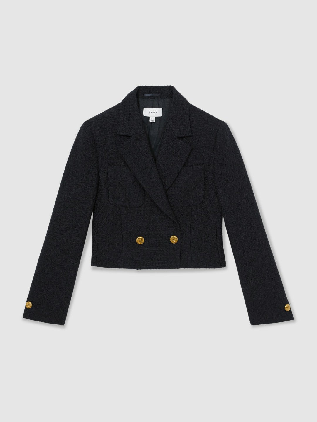Double-Breasted Textured Cropped Blazer with Wool and Cotton in Navy Women | Reiss