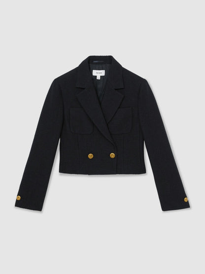 Double-Breasted Textured Cropped Blazer with Wool and Cotton in Navy Women | Reiss